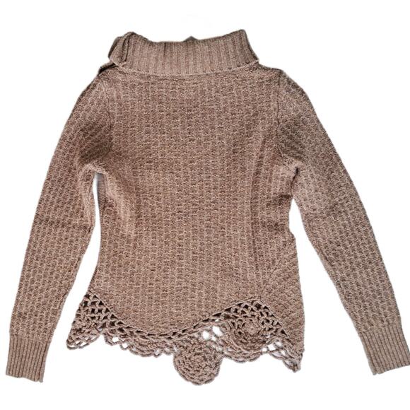 Anthropologie Moth Brown Turtleneck Cowl Wool Sweater Small Crochet Boho - Picture 9 of 11